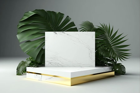 Marble pedestal with plants and organic tones. Generative AIの素材