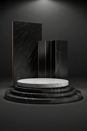 illuminated marble pedestal with black background. Generative AIの素材