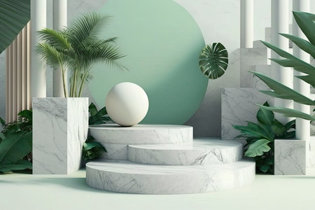 Marble pedestal with plants and organic tones. Generative AIの素材