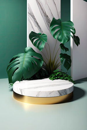 Marble pedestal with plants and organic tones. Generative AIの素材