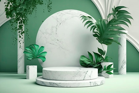 Marble pedestal with plants and organic tones. Generative AIの素材