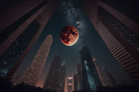 red moon between buildings. Generative a.i.の素材