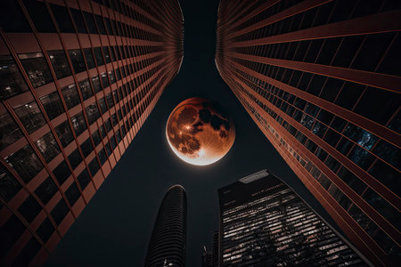 red moon between buildings. Generative a.i.の素材