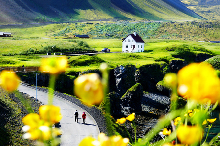 Amazing fishing village view of Arnarstapi in summer time at Snaefellsnes Peninsula, Icelandの写真素材