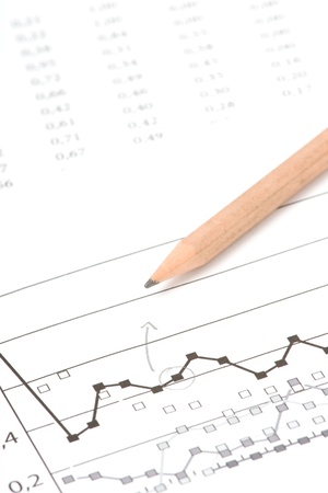 Business report, pencil, graph and sheet and calculator. Selective focus on arrow.の写真素材