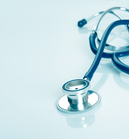 Medical equipment - part of stethoscope, blue tint, copy space on left sideの写真素材