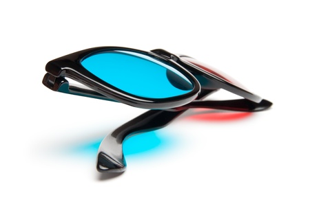3-D stereoscopic red, cyan cinema glasses on white backgroundの写真素材