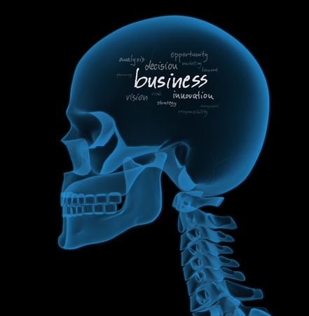 X-ray of businessman head with handwritten business words in his mind (3D render)の写真素材
