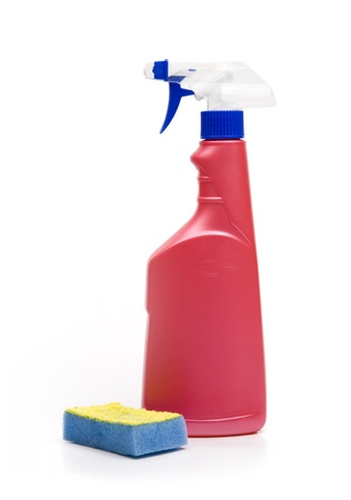 Cleaning equipment for housework - bottle and kitchen spongeの写真素材