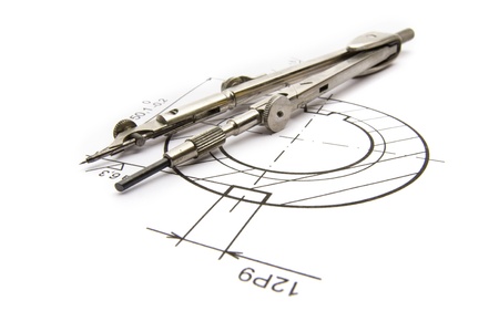 Equipment for engineering on white background - drawing-compass and part of blueprint of component (gearwheel)の写真素材