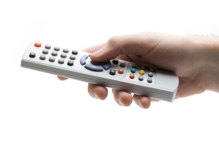 Control pad in right hand on white background
