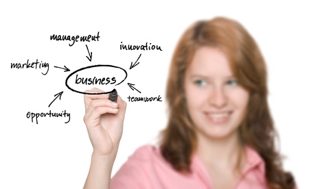 Business woman with building business diagram on white background, selective focusの写真素材