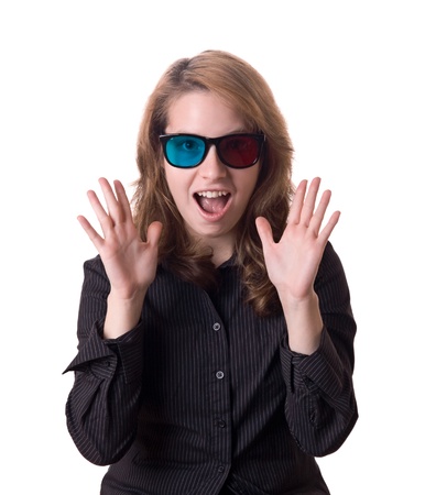 Crazy girl with 3-D glasses is shocked by 3-D effectの写真素材