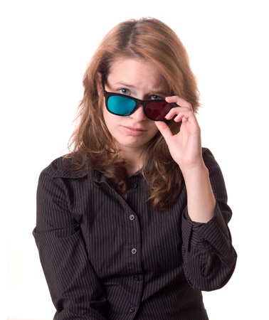 Sad young woman with anaglyph 3-D glassesの写真素材