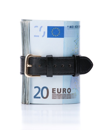 Euro money concept - tighten belt  Spend less money の写真素材