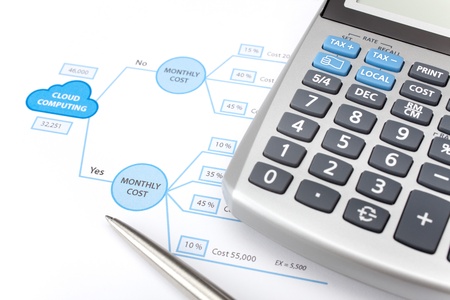 Making business decision about using cloud computing  Printed decision tree, calculator and pen  Focused on word Yes  の写真素材