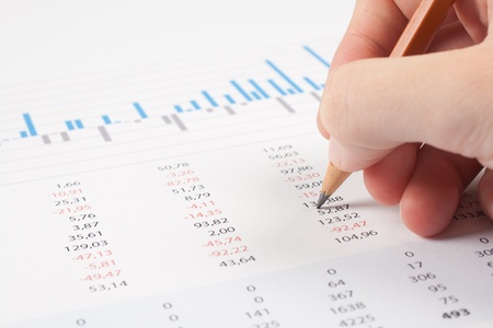 Concept of business report analysis - hand with pencil, digital tablet, graph and sheet  You may place your own screen, for example web page on tablet screen の写真素材