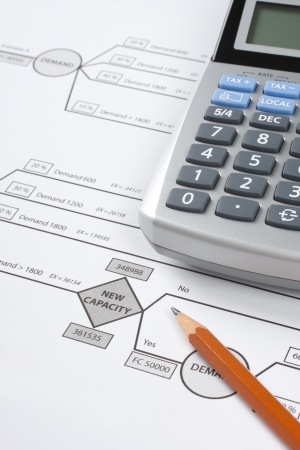 Printed decision tree  new factory capacity expansion , calculator and pencil  Workplace of manager making decision about strategy  の写真素材