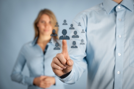 Human resources and CRM concept - officer and supervisor looking for employee represented by icon.の写真素材