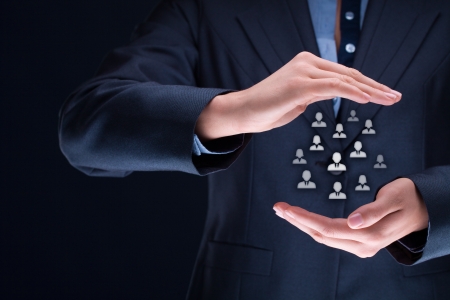 Human resources, customer care, patron, care for employees, life insurance and marketing segmentation concepts. Protecting gesture of businesswoman or personnel and icons representing group of people.
の写真素材