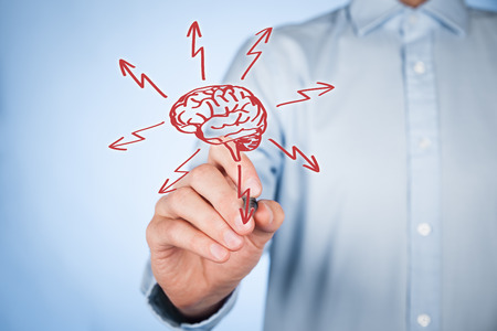 Businessman draw brain and flashes.の写真素材