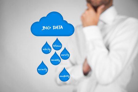Big data (bigdata) and cloud computing concept. Businessman think about big data and cloud computing issues (volume, velocity, variety, variability, veracity, complexity).の写真素材
