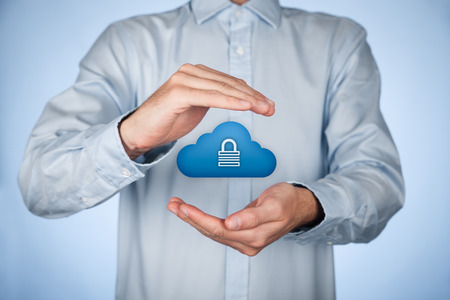 Cloud storage security concept. Safety data management specialist think about security of cloud computing data storage represented by cloud icon with padlock.の写真素材