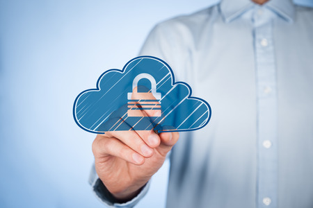 Cloud storage security concept. Safety data management specialist think about security of cloud computing data storage represented by cloud icon with padlock.の写真素材