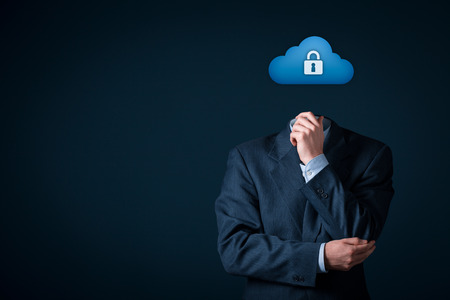 Cloud storage security concept. Safety data management specialist think about security of cloud computing data storage represented by cloud icon with padlock.の写真素材