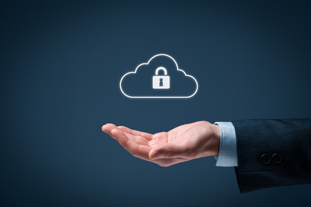 Cloud data security services concept. Safety data management specialist offer secured cloud computing data storage represented by cloud icon with padlock.の写真素材