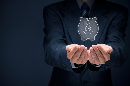Financial services and protect your money (financial savings) concept. Financial advisor (financial consultant) offer piggy bank - savings symbol.の写真素材