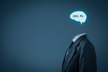Hire your brain, give me a job, find a job, looking for a job concepts. Businessman with drawn brain and text hire me instead of the head.の写真素材