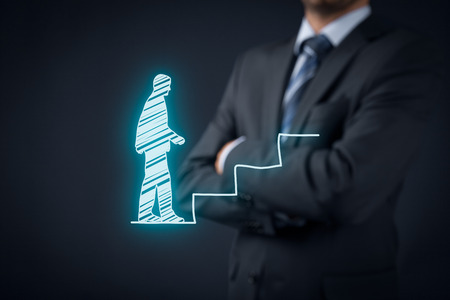 Personal development, personal and career growth, success, progress, and potential concepts. Coach (human resources officer, supervisor) supervise employee growth.の写真素材