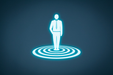 Target customer (marketing) concept. Customer represented by virtual icon of man standing on target.の写真素材
