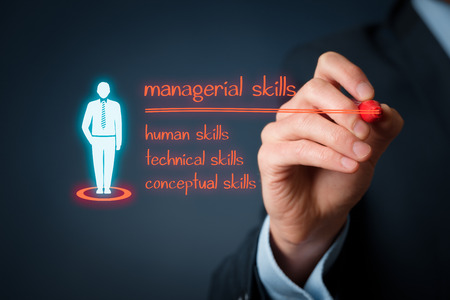 Managerial skills (human skills, technical skills, conceptual skills) concept - businessman write managerial skills on virtual board.の写真素材