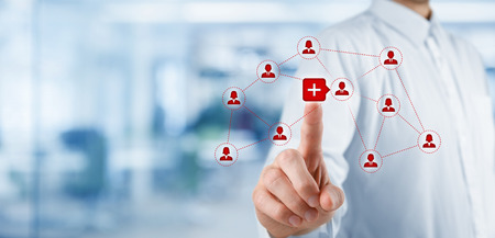 Social media and community concept. Man click on plus button to connect new person with community...