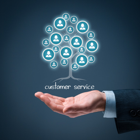 Customer service concept. Customer service is a root of a tree in relationships with customers. Customers represented by icons.の写真素材
