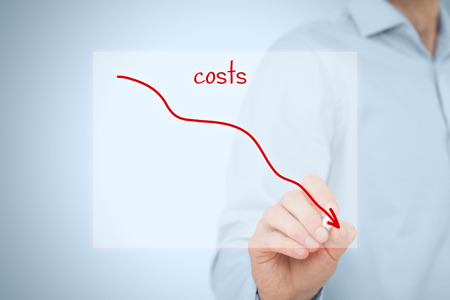 Costs reduction, costs cut, costs optimization business concept. Businessman draw simple graph with descending curve.の写真素材