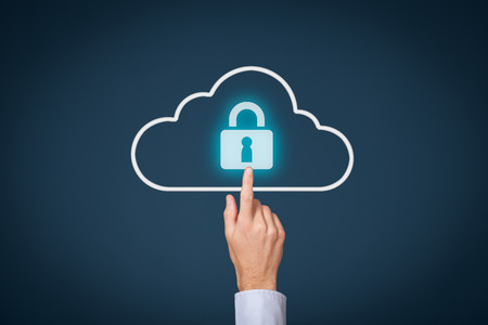 Cloud computing storage security concept. Safety data management specialist click on cloud computing data storage with padlock.の写真素材