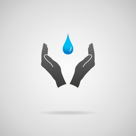 Pure drinking water, environmental conservation and natural resources concepts. Vector icon of hands in protective gesture and blue drop of pure water.のイラスト素材