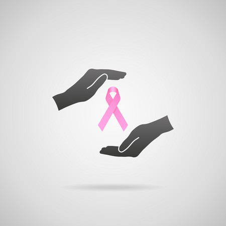 Breast cancer prevention concept. Vector icon of hands in protective gesture and pink ribbon.のイラスト素材