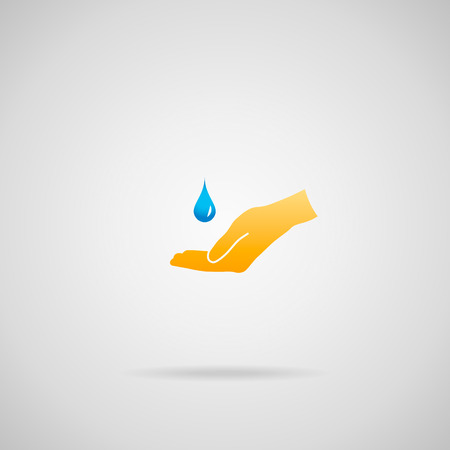 Pure drinking water and natural resources concepts. Vector icon of hand and blue drop of pure water.のイラスト素材