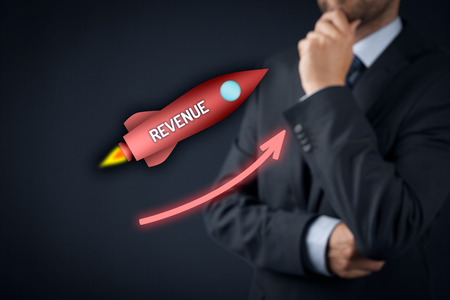 Increase revenue concept. Businessman think how to speedily increase revenue. Spaceship representing...