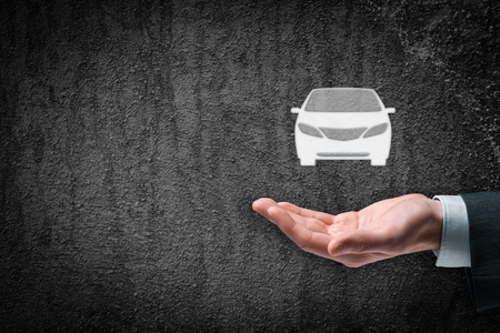 Car rental or carsharing service concept. Businessman with giving gesture and icon of car.の写真素材