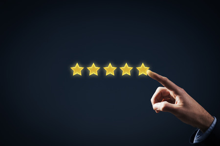 Increase rating, evaluation and classification concept. Businessman represented by hand rise on...