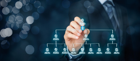 CEO, leadership and corporate hierarchy concept - recruiter complete team by one leader person (CEO). Wide banner composition with bokeh in background.の写真素材