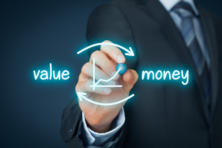 Value for money concept. Businessman draw scheme symbolize value for money process.の写真素材