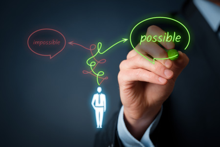Possible or impossible? Businessman change negative think to positive.の写真素材