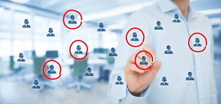 Marketing segmentation, target audience, customers care, customer relationship management (CRM), human resources, customer analysis and focus group concepts. Wide banner composition, office in background.の写真素材