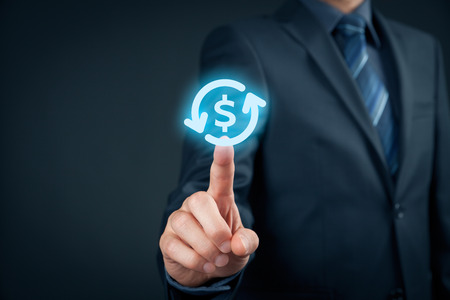 Businessman (auditor) click on dollar and cashflow symbols.の写真素材